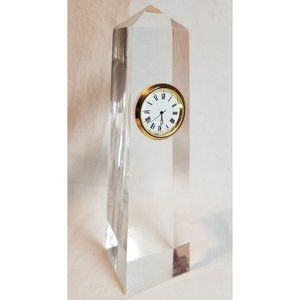Solid Lucite desk clock, Obelisk shape, Roman numerals, gold tone face, 8" tall